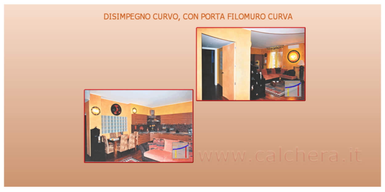 Ampio soggiorno con pavimentazione in parquet e pareti curve