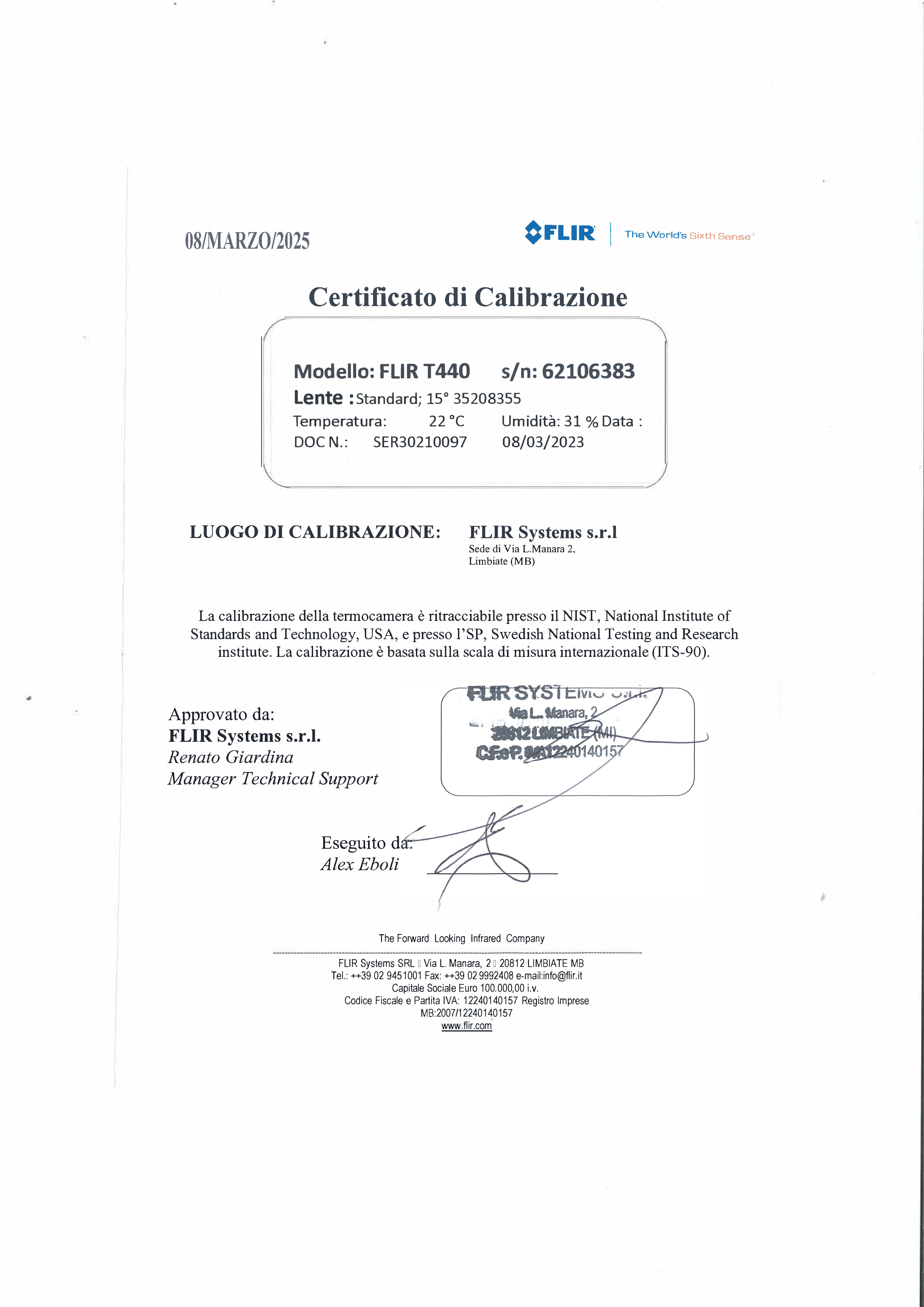 Certificato Taratura Termocamera