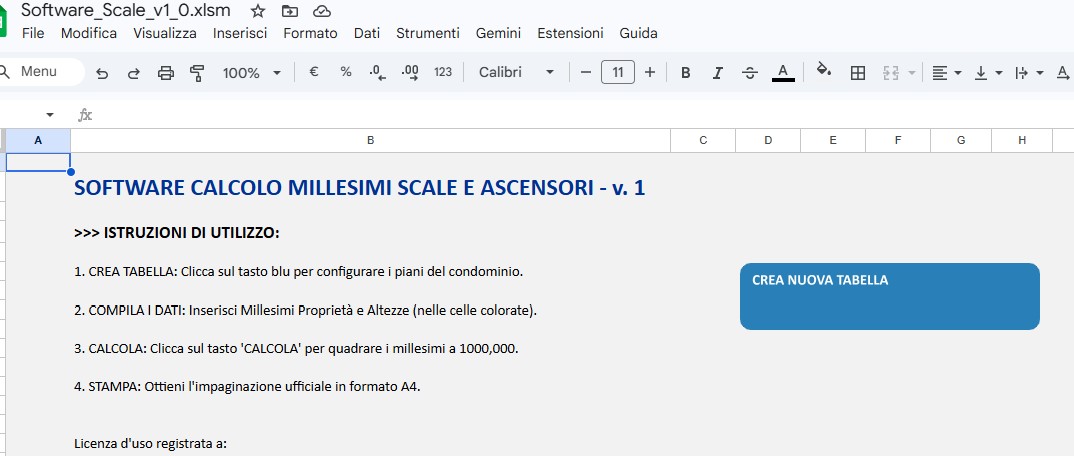 Screenshot interfaccia software calcolo millesimi scale ascensore Studio Calchera